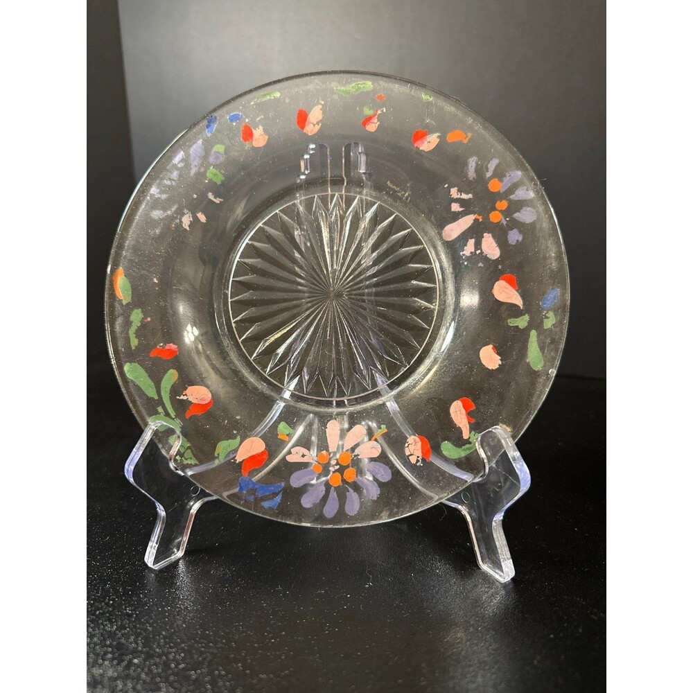 Vintage Clear Glass Plate Hand Painted Floral Enamel 7.25" Starburst Center - Picture 2 of 8